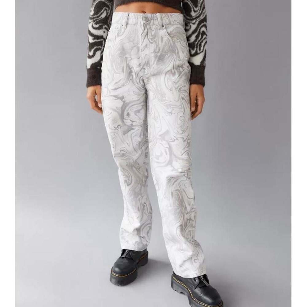 BDG High Waisted Baggy Jeans White Grey Swirl Print